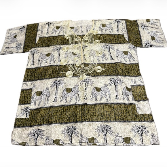 Tops - Handmade African Print Tunic with Elephant and Palm Tree Design Embroidered
